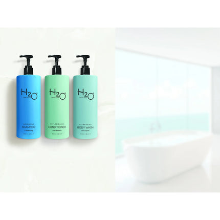 H2O Air 16.23 oz / 480 ml pump bottles in wall-mounted dispensers