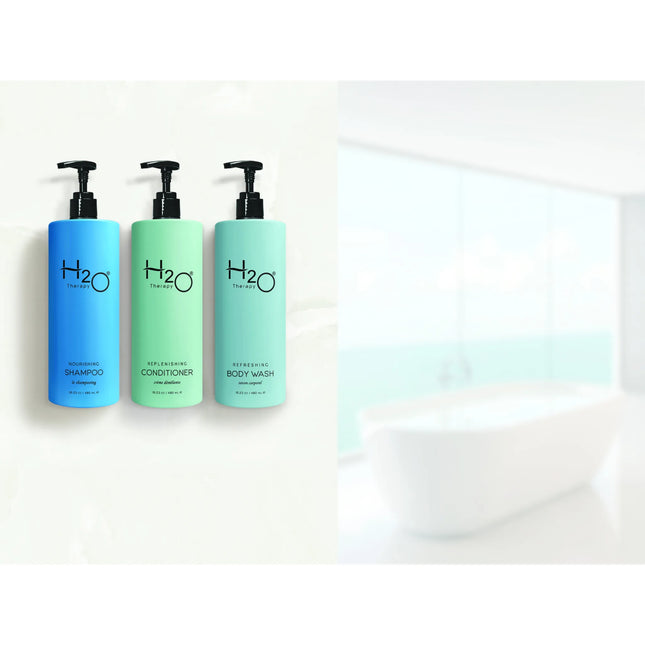 H2O Air 16.23 oz / 480 ml pump bottles in wall-mounted dispensers