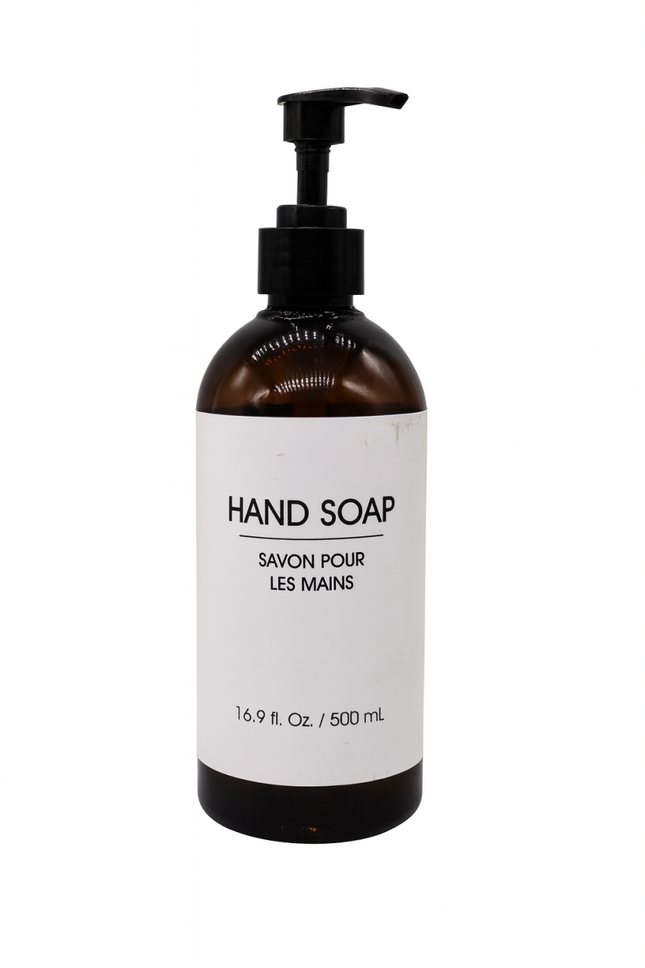 Hand soap bottle with pump on a white background