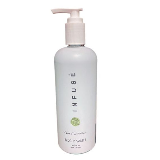 Infuse White Tea and Coconut Pump Bottle Bath Gel offers a refreshing cleanse for soft, smooth skin. Perfect for relaxation.