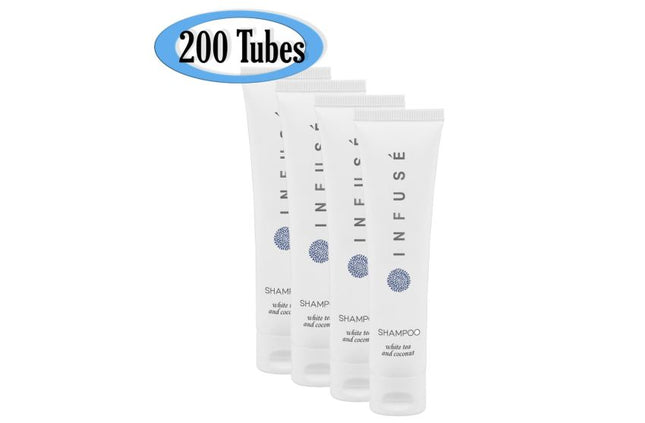 Infusé White Tea & Coconut Shampoo in 29 ml tubes, offering luxurious cleansing and nourishment for your hair.