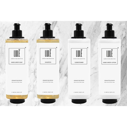 Lule Orange Blossom 480 ml pump bottle collection: Hand & Body Soap, Shampoo, Conditioner and Body Lotion