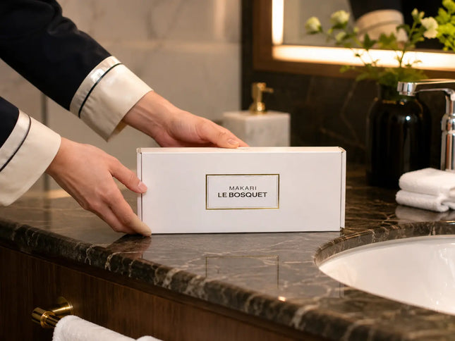 A person in a dark navy and cream uniform places a white rectangular box labeled 'MAJORET LE BOSQUET' on a dark marble bathroom counter next to a sink.