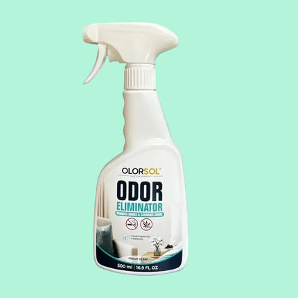 A 500 ml spray bottle of OLORSOL Odor Eliminator in Fresh Mint scent, shown against a solid light blue background.