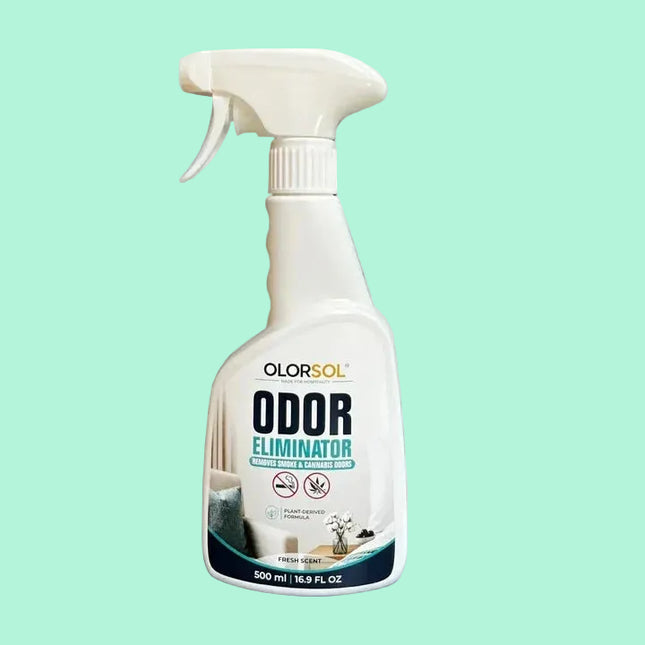 A 500 ml spray bottle of OLORSOL Odor Eliminator in Fresh Mint scent, shown against a solid light blue background.