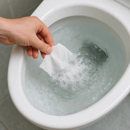 toilet paper dissolving in a white toilet bowl