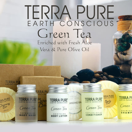 Terra Pure Green Tea Body Wash – 1.2 oz offers a refreshing shower experience with nourishing aloe vera and olive oil.