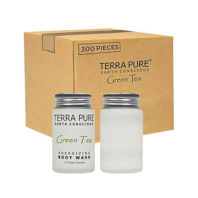 Terra Pure Green Tea Body Wash – 1.2 oz offers a refreshing shower experience with organic aloe vera and olive oil.