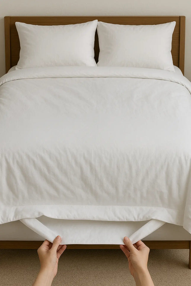 Person holding white duvet over a neatly made bed with wooden headboard.
